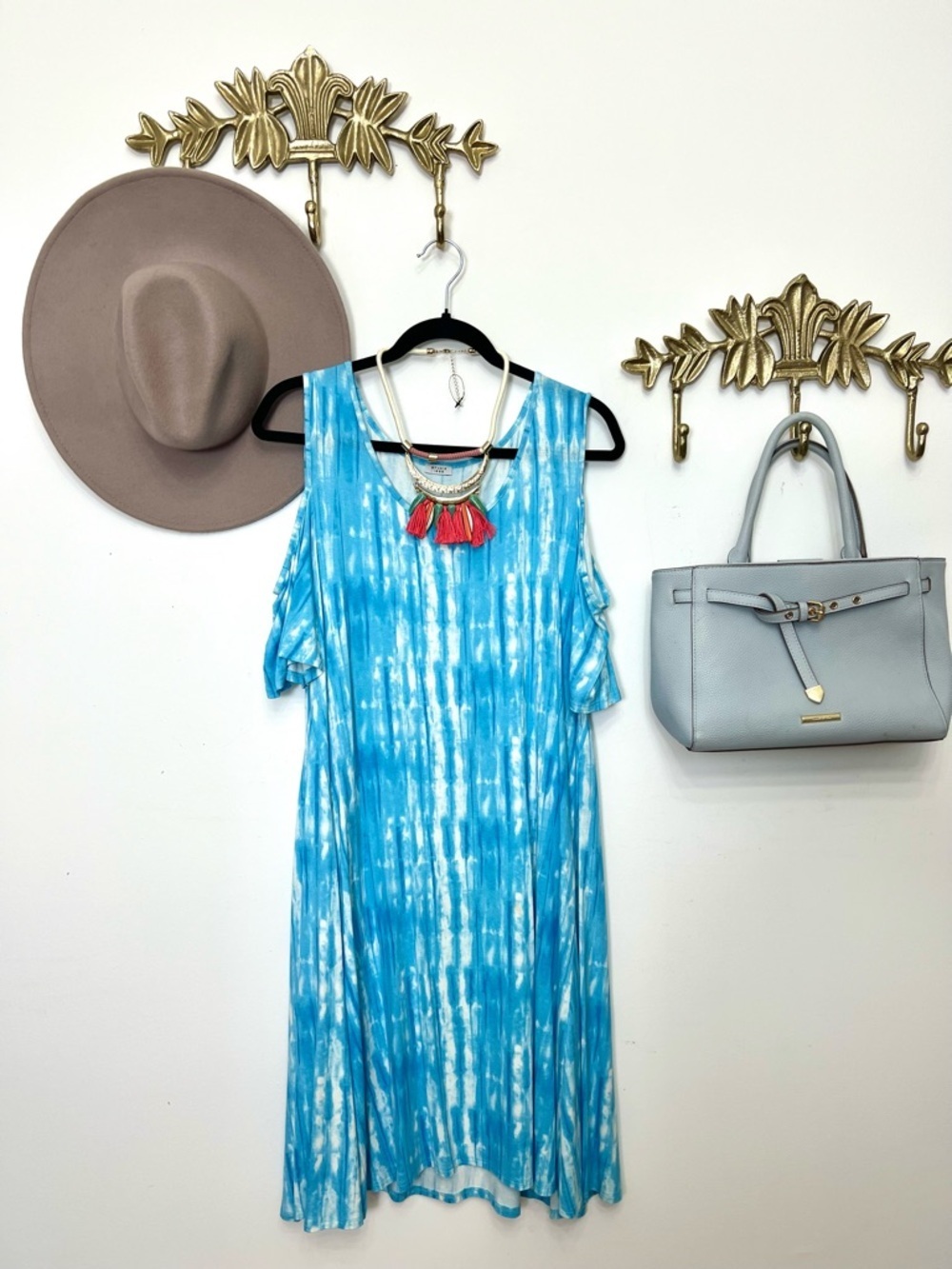 Blue Tie-Dye Cold-Shoulder Midi Dress